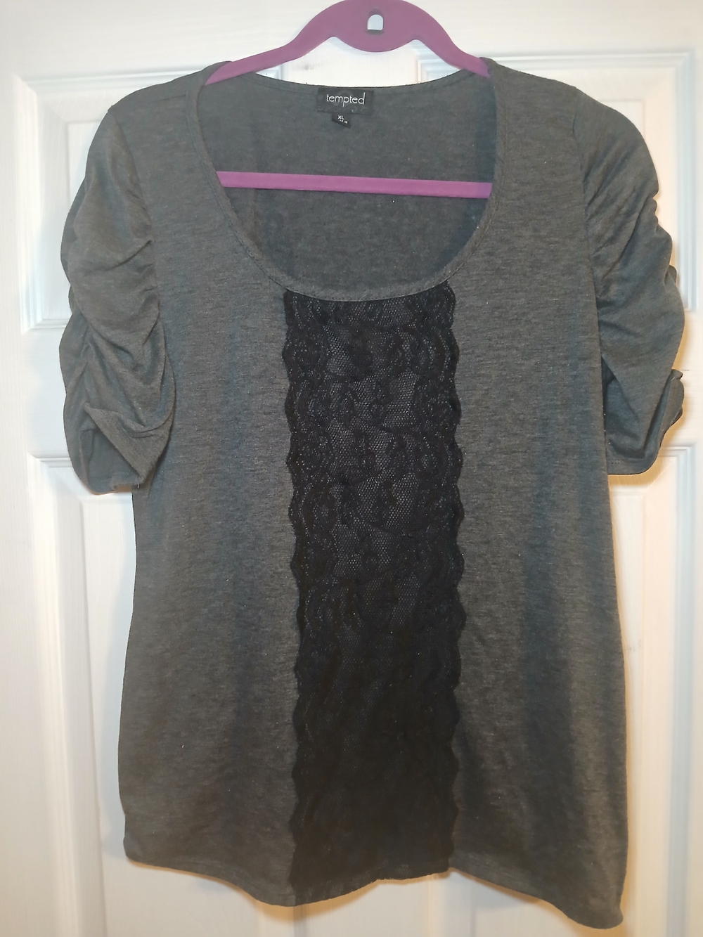 Tempted Gray Short Sleeve Scoop Neck Top with Black Lace Panel Accent